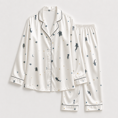 PJ-M031-White Satin Sea Pajama Apparel, Black Piped Turtle Pattern Sleeve Loungewear Sleepwear Collection Clothing