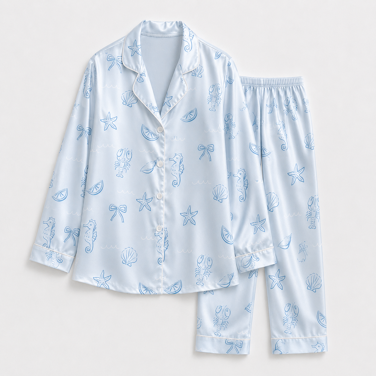 PJ-M038-White Satin Seashell Pajama Apparel, Blue Starfish Pattern Sleeve Loungewear Sleepwear Collection Clothing