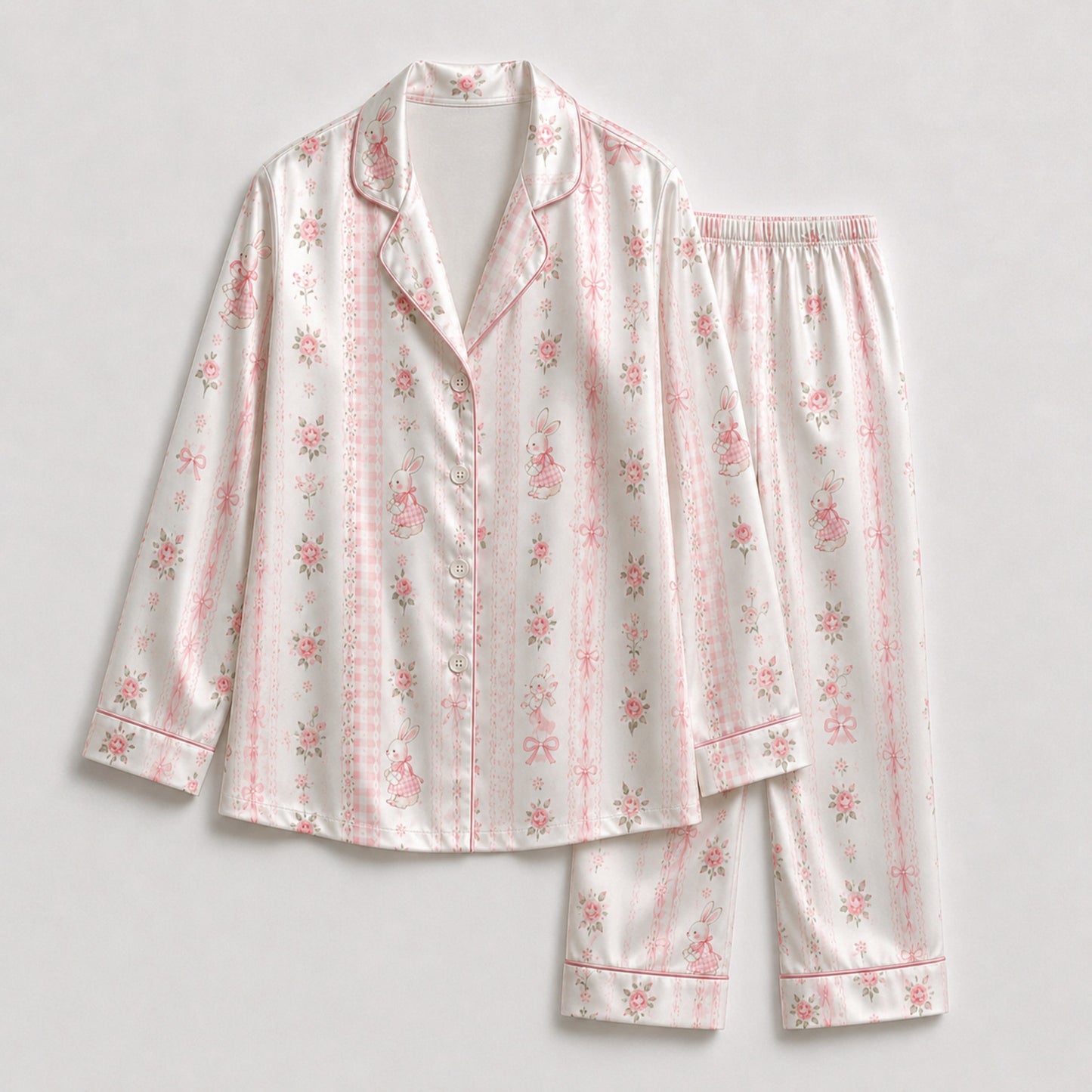 PJ-M040-White Satin Ribbon Pajama Apparel, Pink Floral Pattern Sleeve Loungewear Sleepwear Collection Clothing