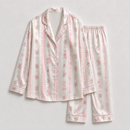 PJ-M040-White Satin Ribbon Pajama Apparel, Pink Floral Pattern Sleeve Loungewear Sleepwear Collection Clothing