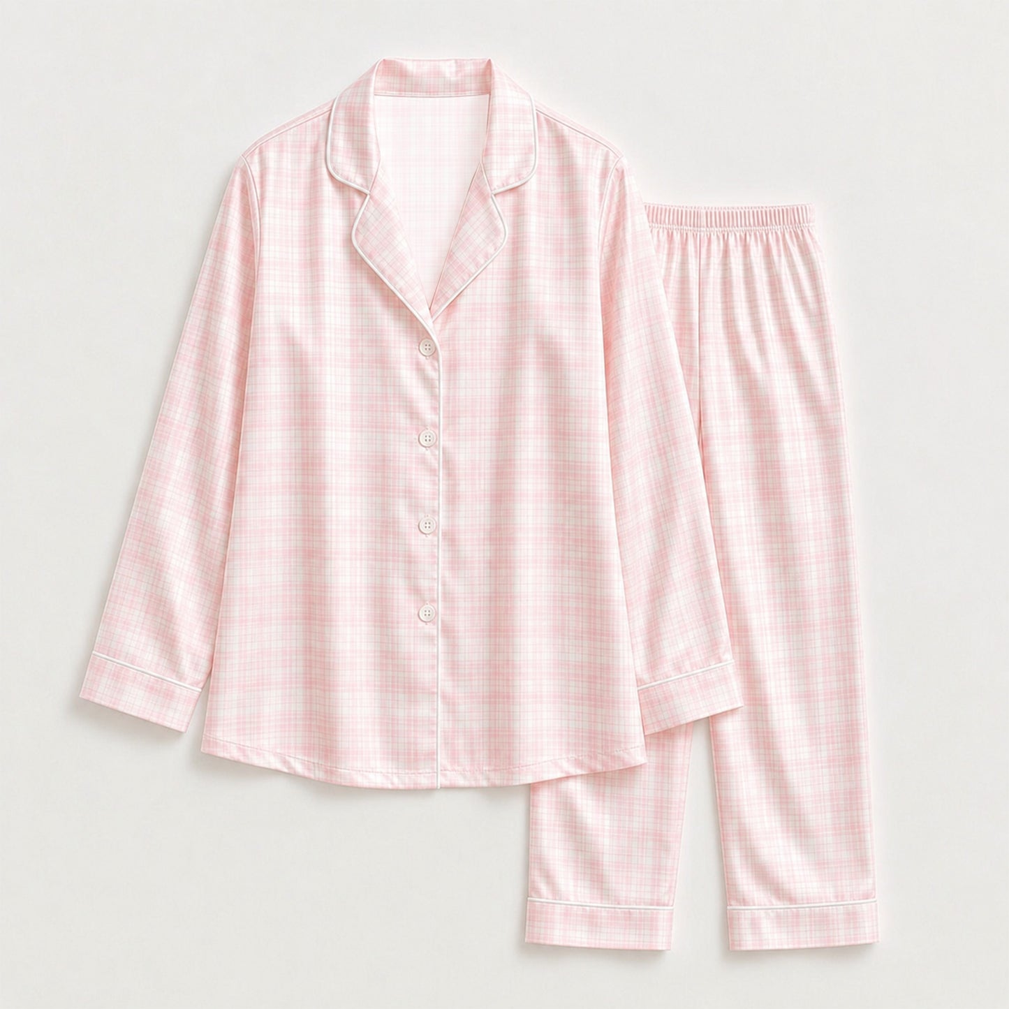PJ-M041-Classic Pink And White Gingham Plaid Satin Button Down Sleepwear Pajama Lounge Matching Set