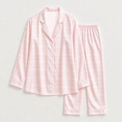 PJ-M041-Classic Pink And White Gingham Plaid Satin Button Down Sleepwear Pajama Lounge Matching Set