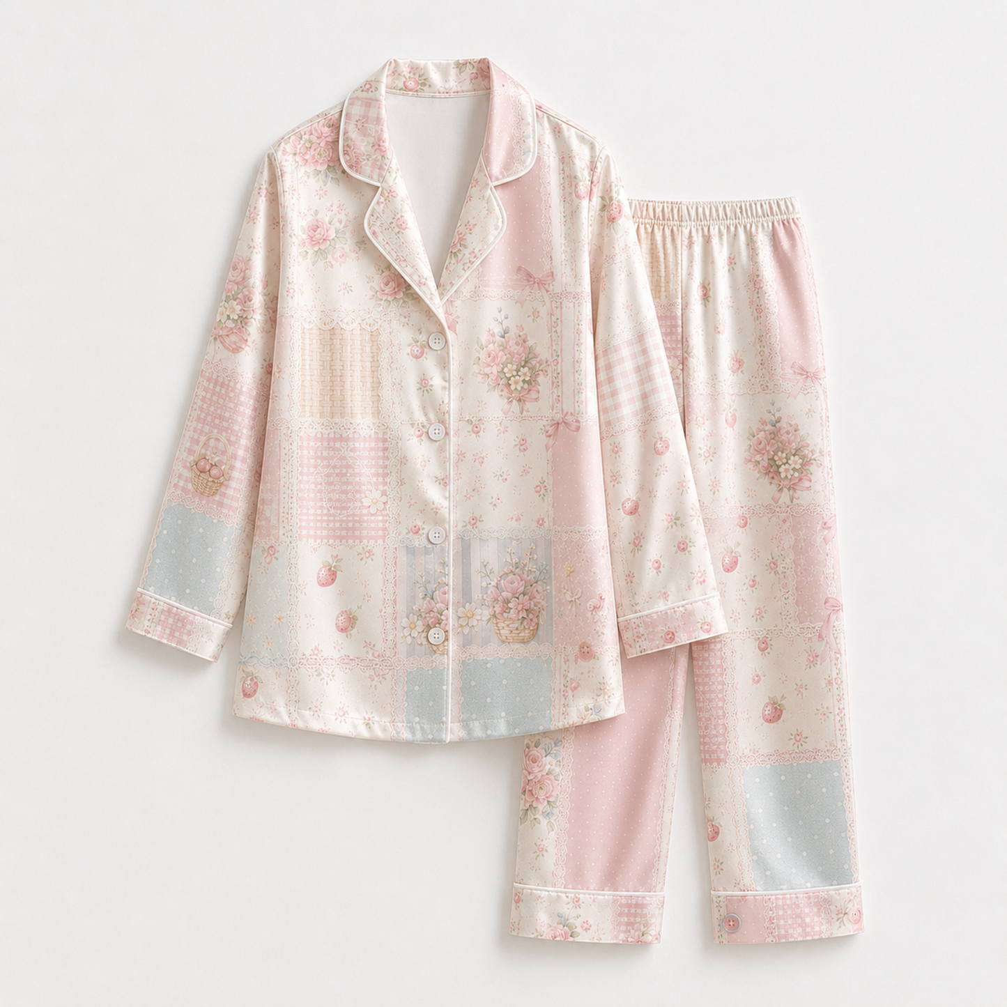 PJ-M042-Pink Satin Patchwork Pajama Apparel, Vintage Floral Pattern Sleeve Loungewear Sleepwear Collection Clothing