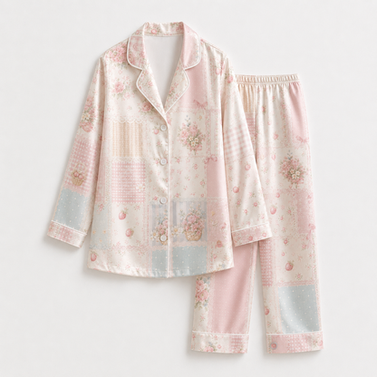PJ-M042-Pink Satin Patchwork Pajama Apparel, Vintage Floral Pattern Sleeve Loungewear Sleepwear Collection Clothing
