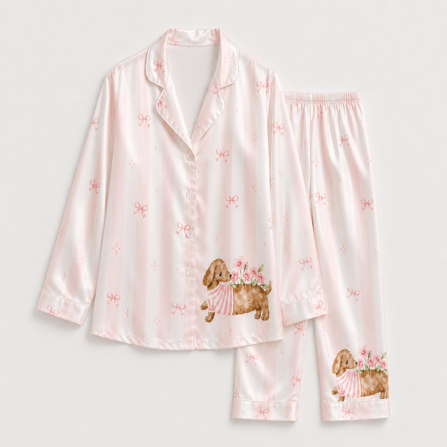 PJ-M043-Blush Silk Dog Pajama Apparel, Crimson Bow Graphic Short Sleeve Loungewear Sleepwear Collection Raiment