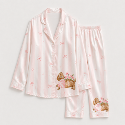 PJ-M043-Blush Silk Dog Pajama Apparel, Crimson Bow Graphic Short Sleeve Loungewear Sleepwear Collection Raiment