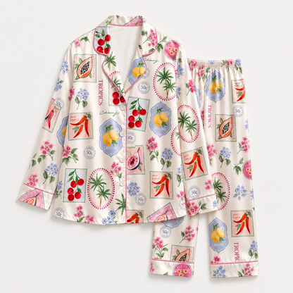 PJ-M044-Cream Satin Tropical Pajama Apparel, Botanical Stamp Pattern Sleeve Loungewear Sleepwear Collection Clothing