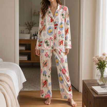 PJ-M044-Cream Satin Tropical Pajama Apparel, Botanical Stamp Pattern Sleeve Loungewear Sleepwear Collection Clothing