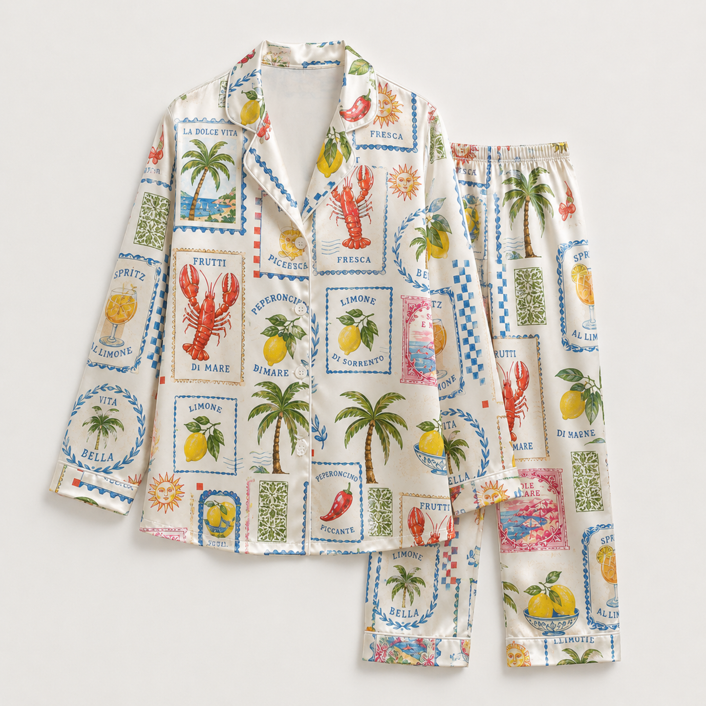 PJ-M045-Alabaster Silk Lemon Pajama Apparel, Crimson Lobster Graphic Short Sleeve Loungewear Sleepwear Collection Raiment