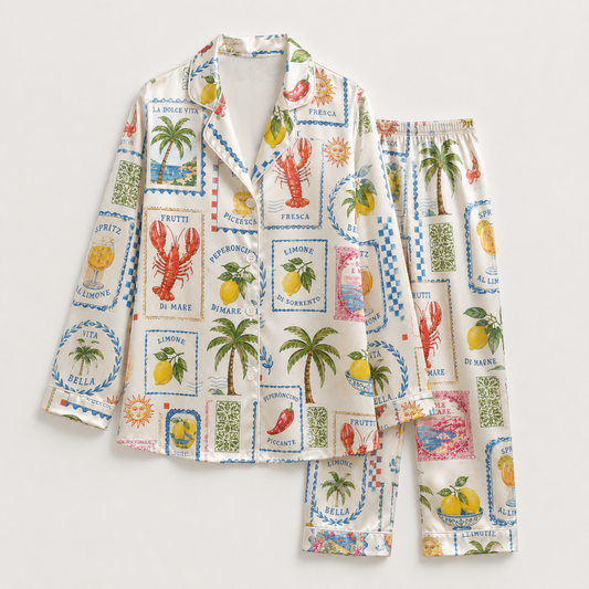 PJ-M045-Alabaster Silk Lemon Pajama Apparel, Crimson Lobster Graphic Short Sleeve Loungewear Sleepwear Collection Raiment