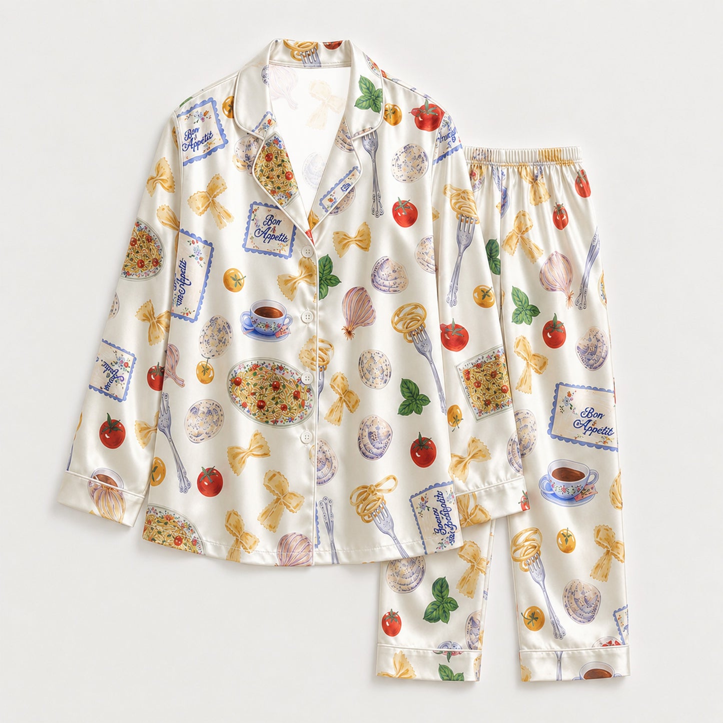 PJ-M047- Italian Cuisine Pasta And Tomato Graphic White Satin Button Front Sleepwear Pajama Set
