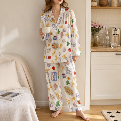 PJ-M047- Italian Cuisine Pasta And Tomato Graphic White Satin Button Front Sleepwear Pajama Set