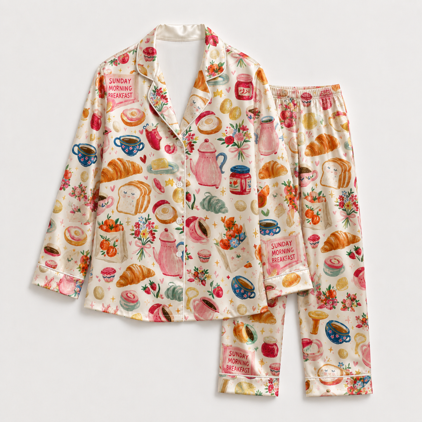 PJ-M048- Cute Sunday Morning Breakfast Croissant Coffee Print Satin Button Down Lounge Pajama Set