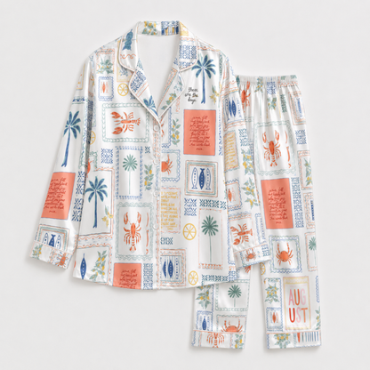 PJ-M049-Coastal Summer Vacation Crab Lobster Palm Tree Print White Satin Button Down Pajama Set