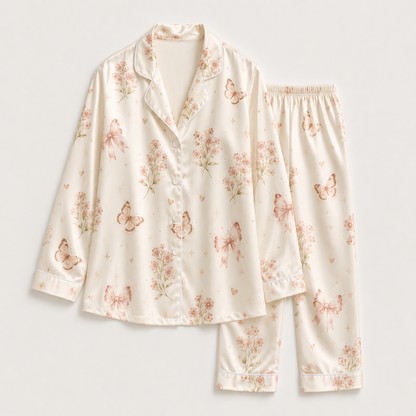PJ-M050-Romantic Coquette Pink Ribbon Butterfly Botanical Pattern Champagne Satin Pajama Set