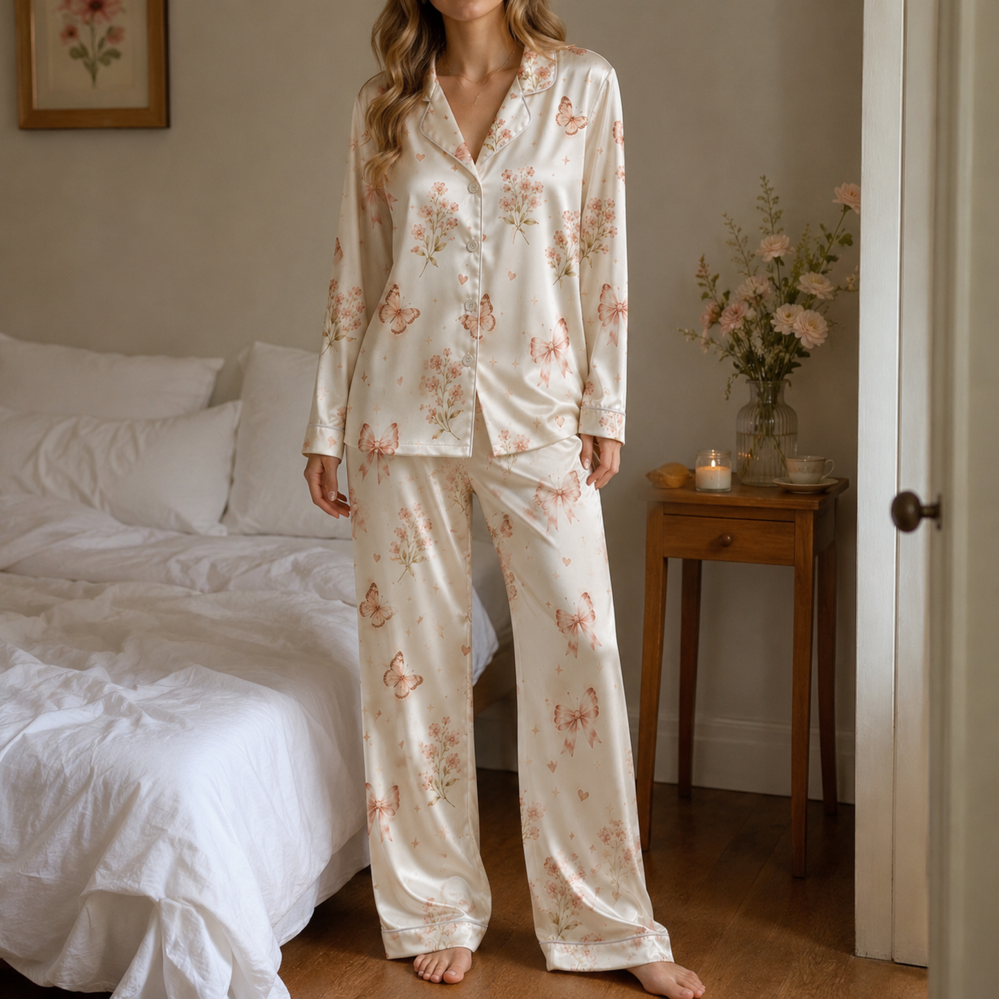 PJ-M050-Romantic Coquette Pink Ribbon Butterfly Botanical Pattern Champagne Satin Pajama Set
