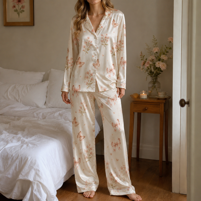 PJ-M050-Romantic Coquette Pink Ribbon Butterfly Botanical Pattern Champagne Satin Pajama Set