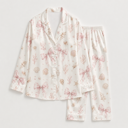 PJ-M051-Pink Ribbon Bow Satin Pajama Set with Coral Starfish Coastal Pattern for Cozy Sleepwear