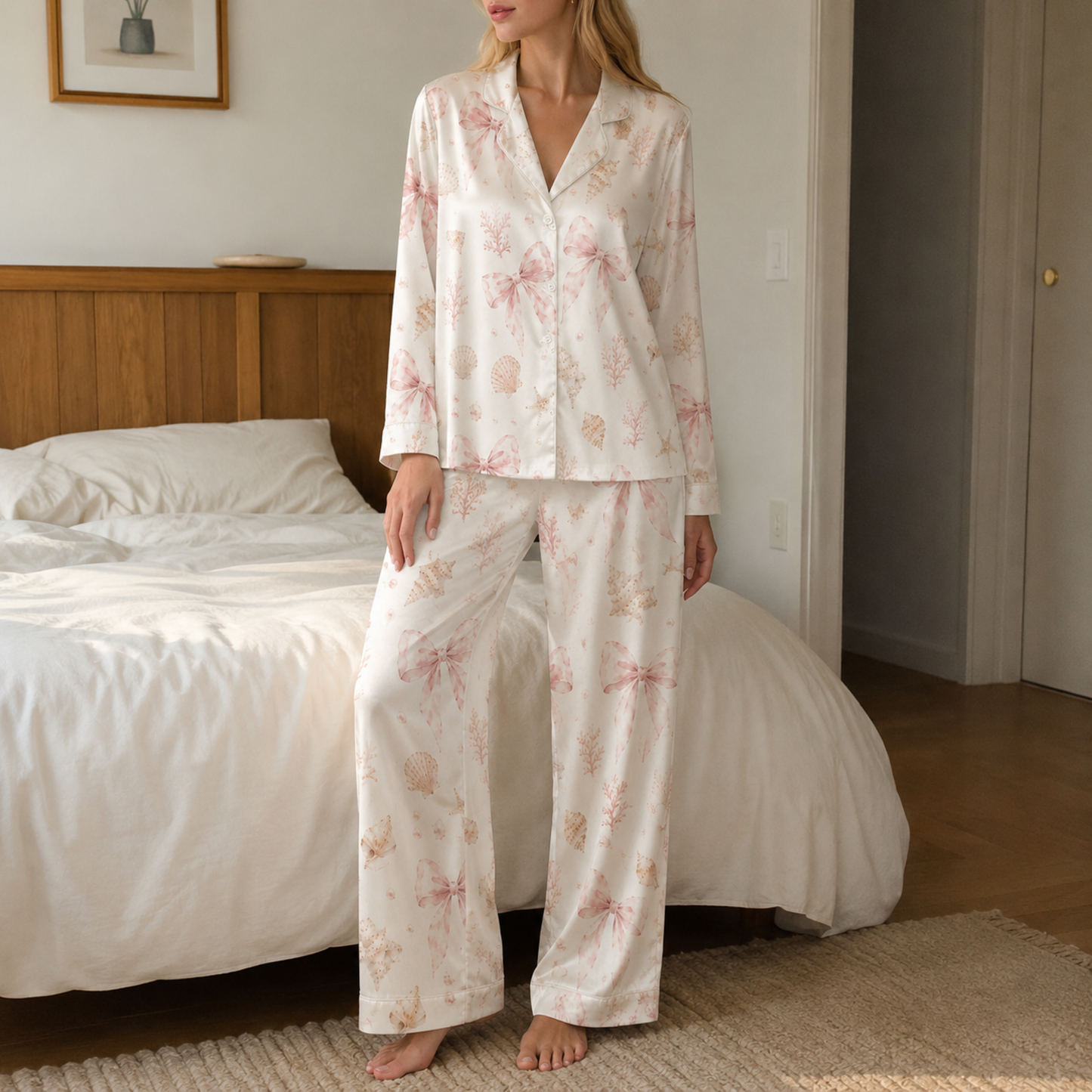 PJ-M051-Pink Ribbon Bow Satin Pajama Set with Coral Starfish Coastal Pattern for Cozy Sleepwear