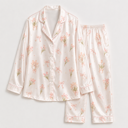 PJ-M052-Pink Tulip Satin Pajama Set with Floral Bow Pattern for Cozy Feminine Sleepwear