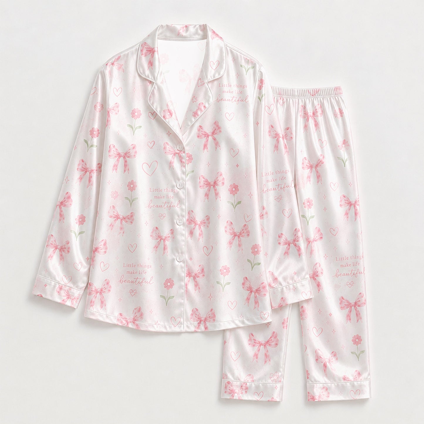 PJ-M053-Pink Bow and Floral Heart Satin Pajama Set with Cute Romantic Pattern for Cozy Sleepwear