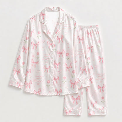 PJ-M053-Pink Bow and Floral Heart Satin Pajama Set with Cute Romantic Pattern for Cozy Sleepwear