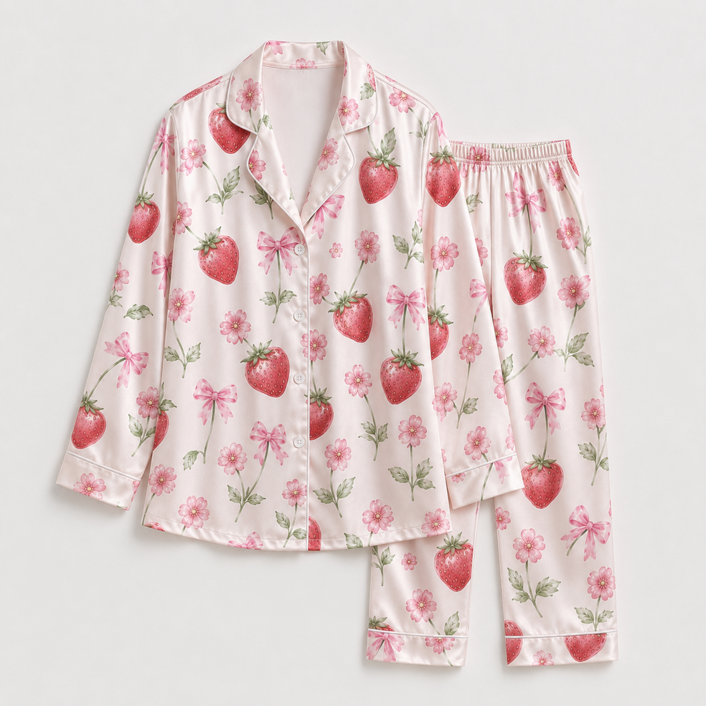 PJ-M054-Sweet Strawberry Blossom And Pink Bow Graphic Satin Sleepwear Pajama Set