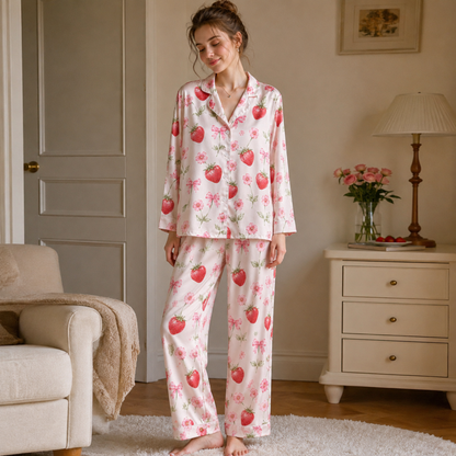 PJ-M054-Sweet Strawberry Blossom And Pink Bow Graphic Satin Sleepwear Pajama Set