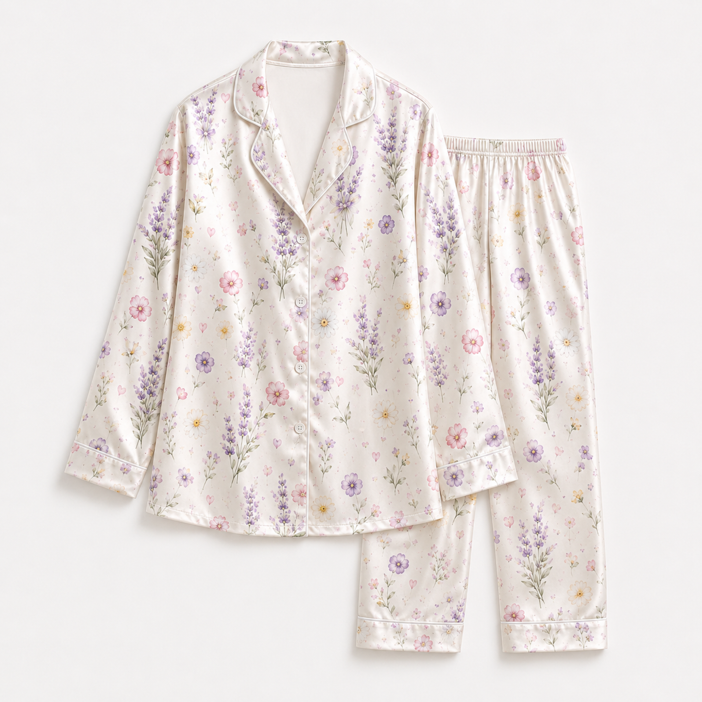 PJ-M055-Romantic Watercolor Botanical Floral Heart Pattern Ivory Satin Sleepwear Button Front Lounge Pajama Set