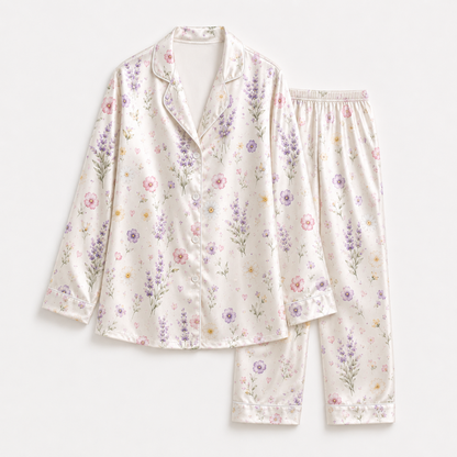 PJ-M055-Romantic Watercolor Botanical Floral Heart Pattern Ivory Satin Sleepwear Button Front Lounge Pajama Set