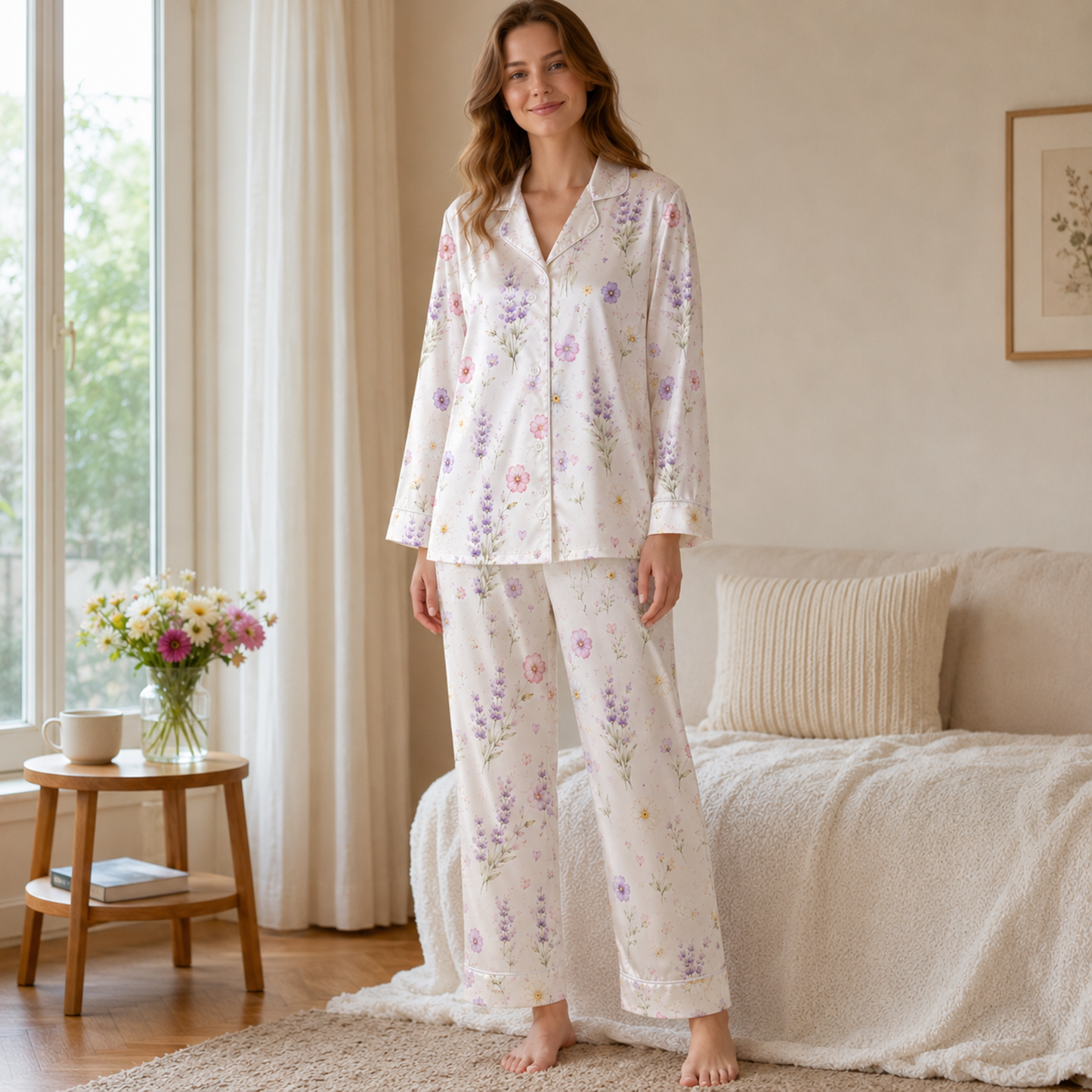 PJ-M055-Romantic Watercolor Botanical Floral Heart Pattern Ivory Satin Sleepwear Button Front Lounge Pajama Set