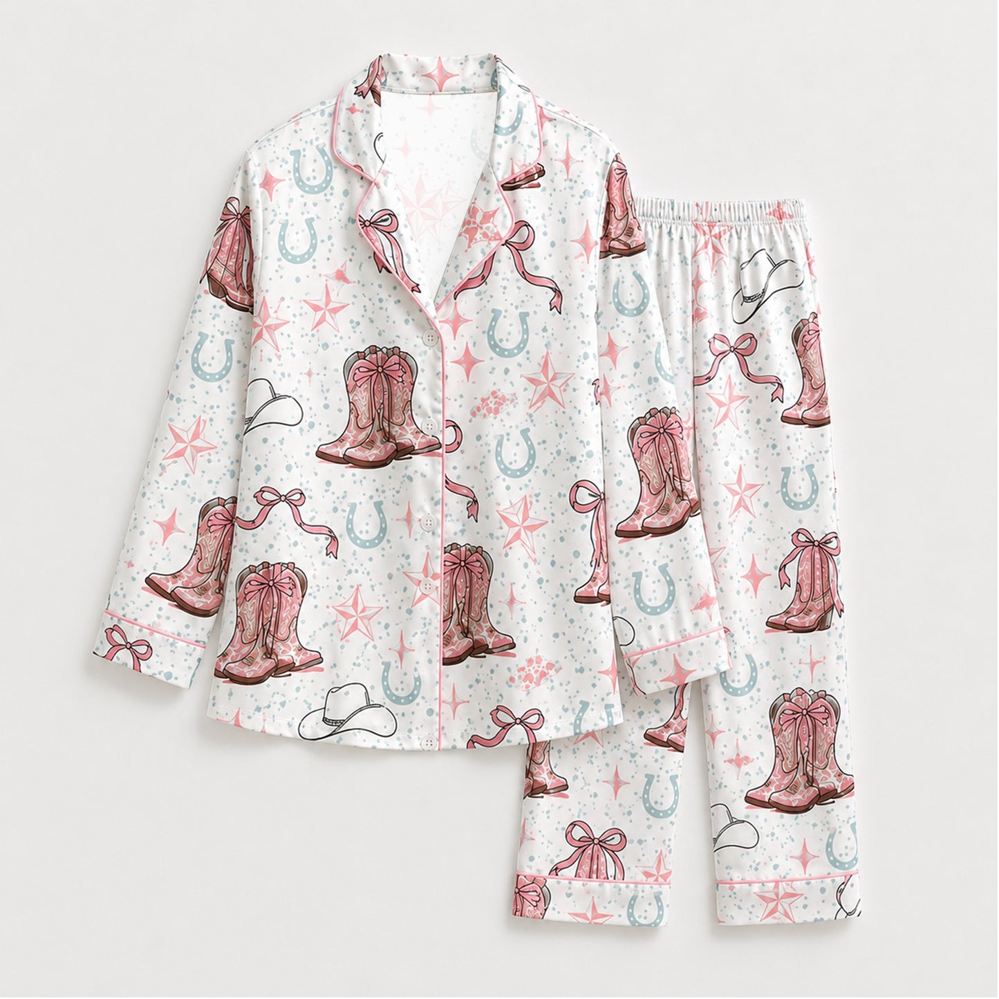 PJ-M059-Cute Pink Western Cowboy Boot Bow Star Graphic White Satin Bridal Match Pajama Set