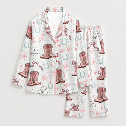 PJ-M059-Cute Pink Western Cowboy Boot Bow Star Graphic White Satin Bridal Match Pajama Set