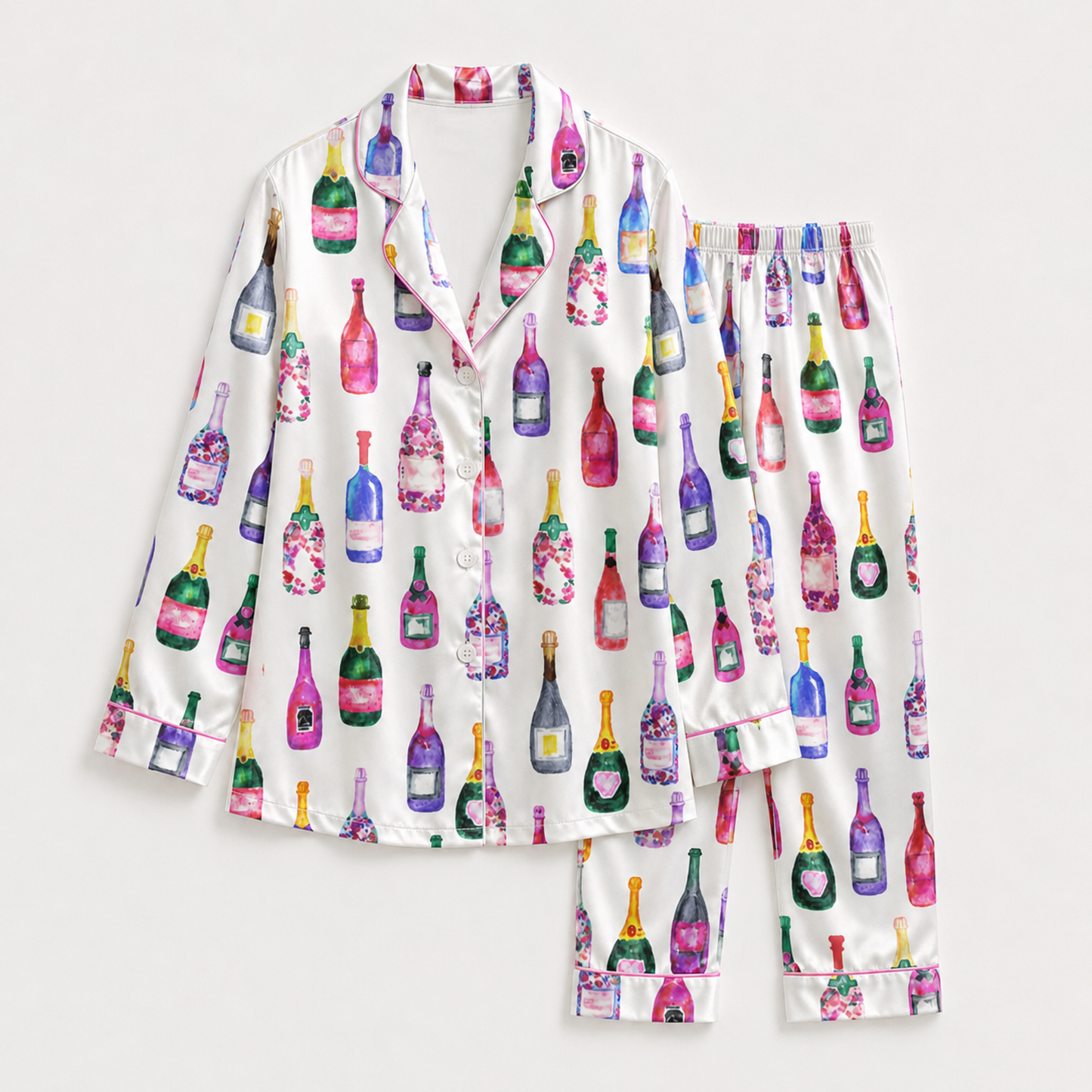 PJ-M060-Colorful Champagne and Wine Satin Pajama Set with Watercolor Bottle Print for Cozy Loungewear