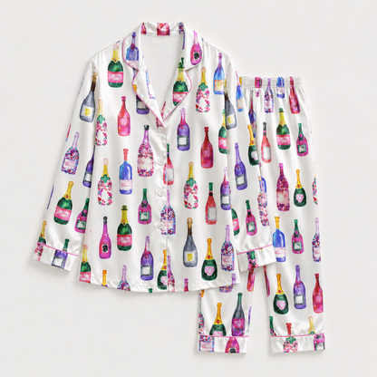 PJ-M060-Colorful Champagne and Wine Satin Pajama Set with Watercolor Bottle Print for Cozy Loungewear