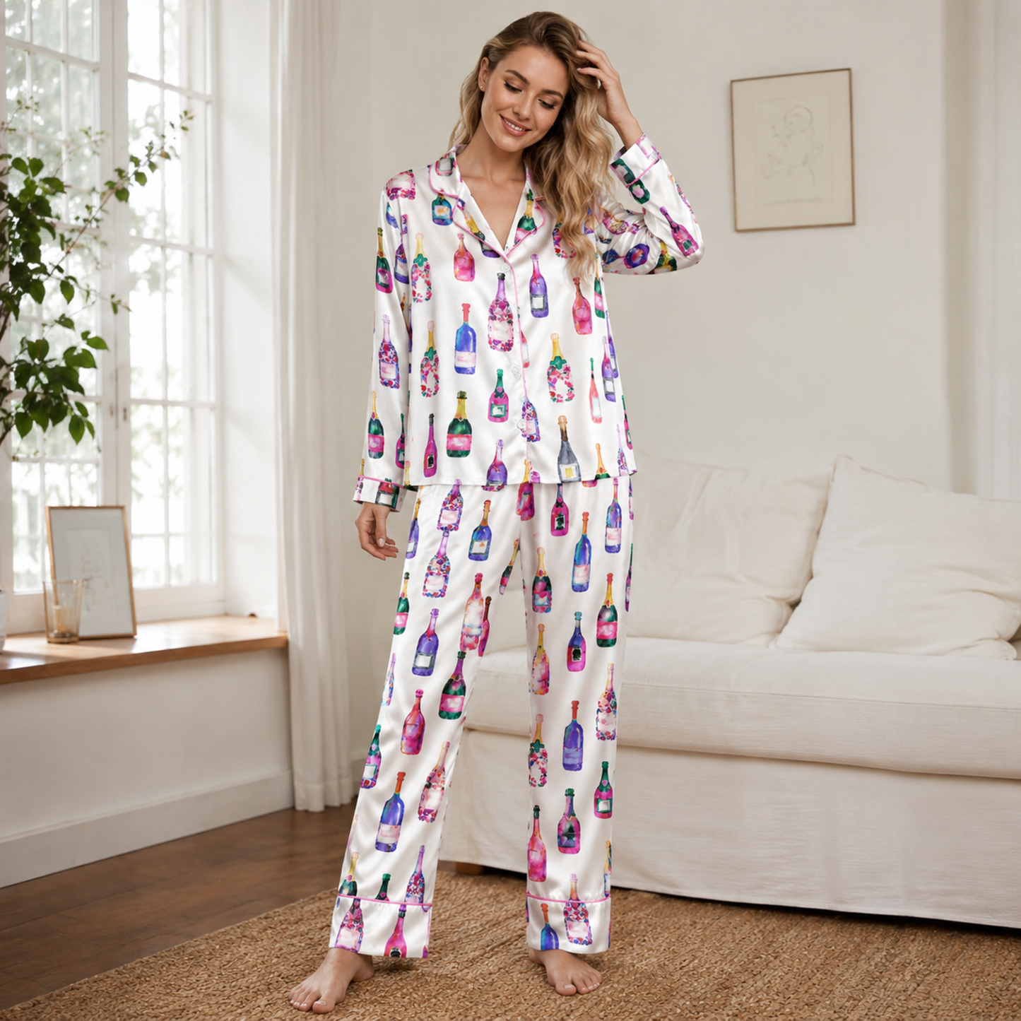 PJ-M060-Colorful Champagne and Wine Satin Pajama Set with Watercolor Bottle Print for Cozy Loungewear