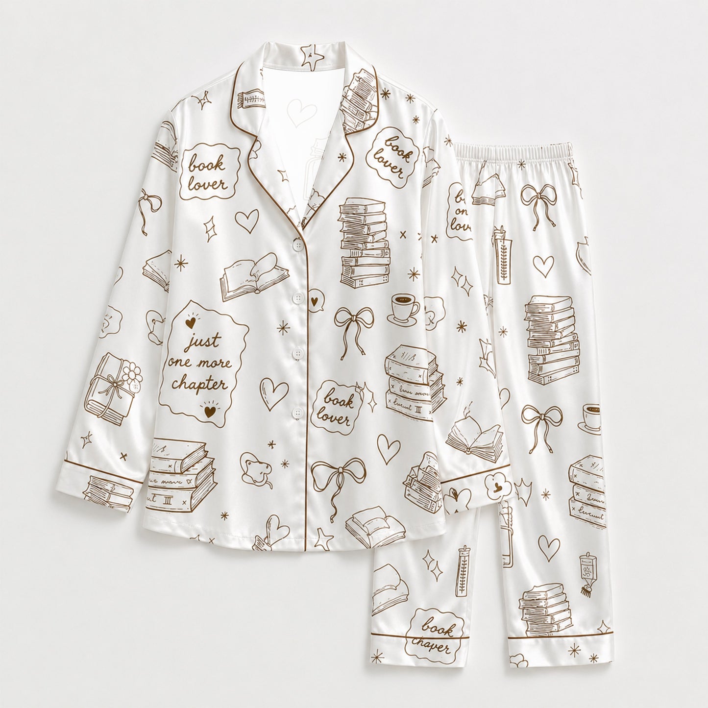 PJ-M061-Bookish Line Art Satin Pajamas Literary Coffee Reading Lounge Set Pjs