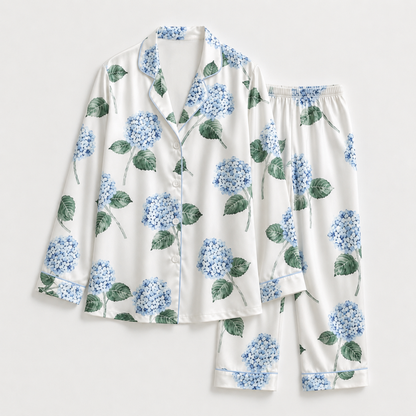PJ-M062-Blue Hydrangea Satin Pajama Set with Elegant Floral Botanical Pattern for Cozy Sleepwear