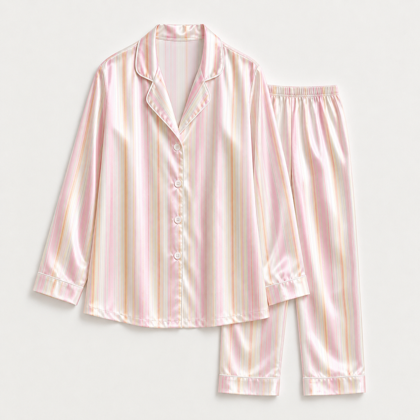 PJ-M079-Classic Pink Striped Pattern Glossy Satin Button Front Sleepwear Bridal Party Women Pajama Set