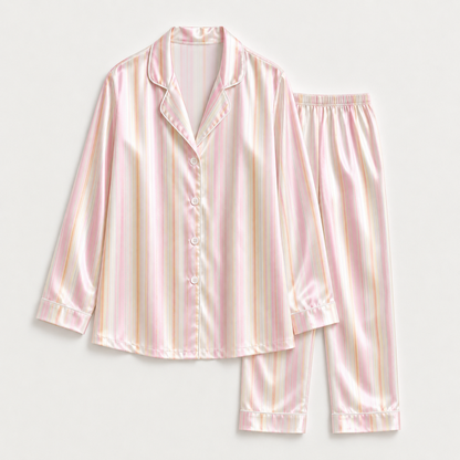 PJ-M079-Classic Pink Striped Pattern Glossy Satin Button Front Sleepwear Bridal Party Women Pajama Set