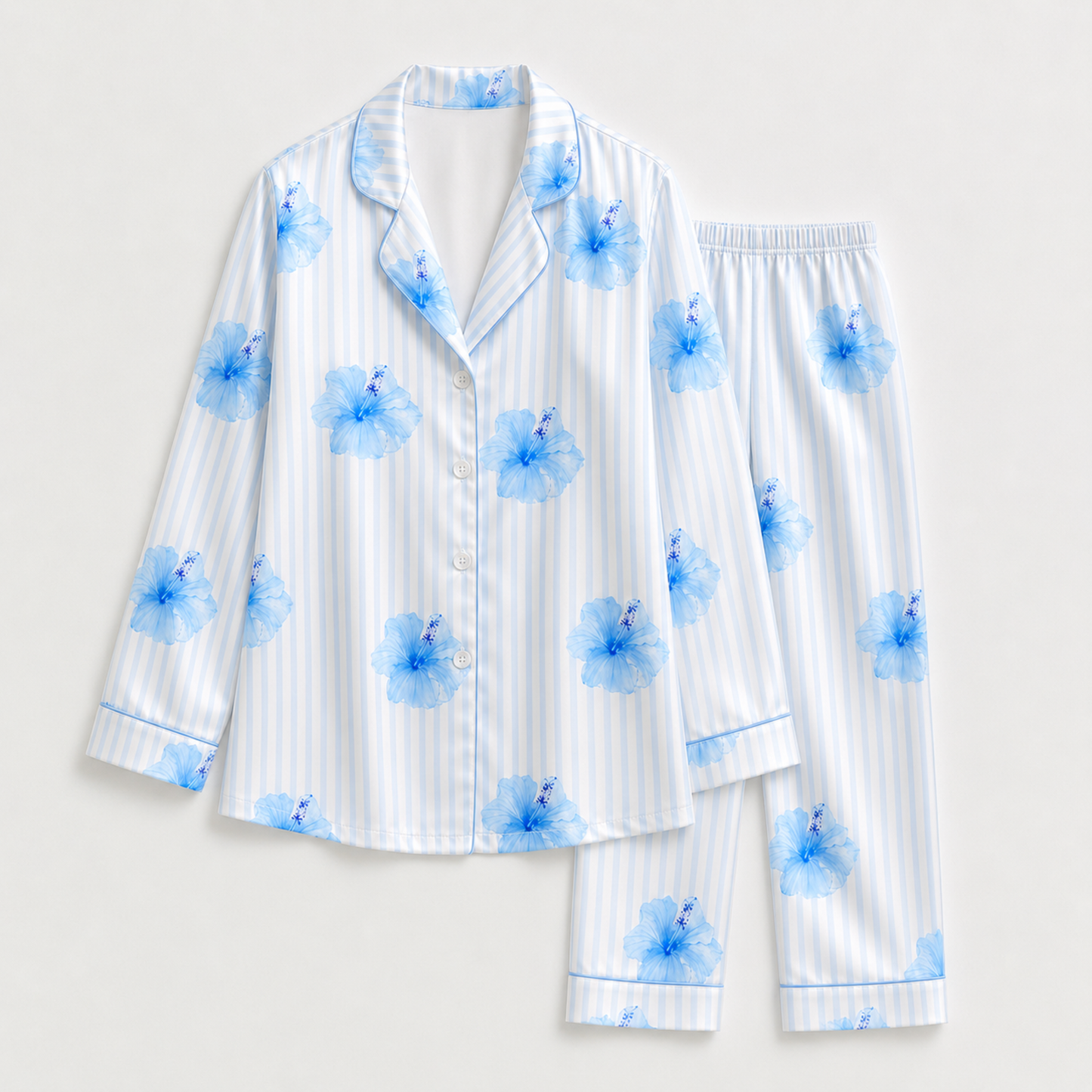 PJ-M080-Blue Striped White Satin Tropical Hibiscus Floral Print Button Down Women Lounge Pajama Set