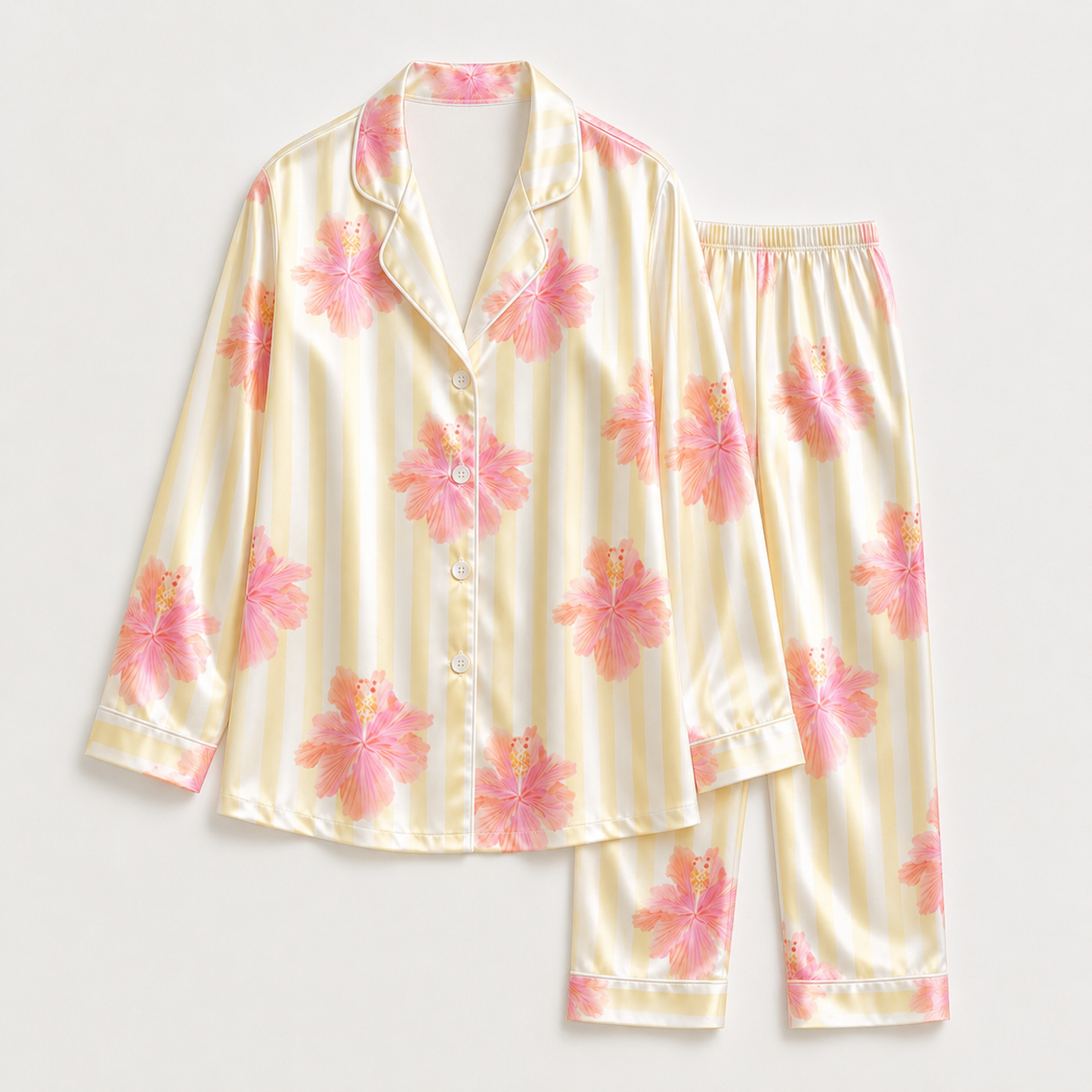 PJ-M081-Pastel Yellow Stripe Tropical Pink Floral Blossom Glossy Satin Sleepwear Match Bridal Pajama Set
