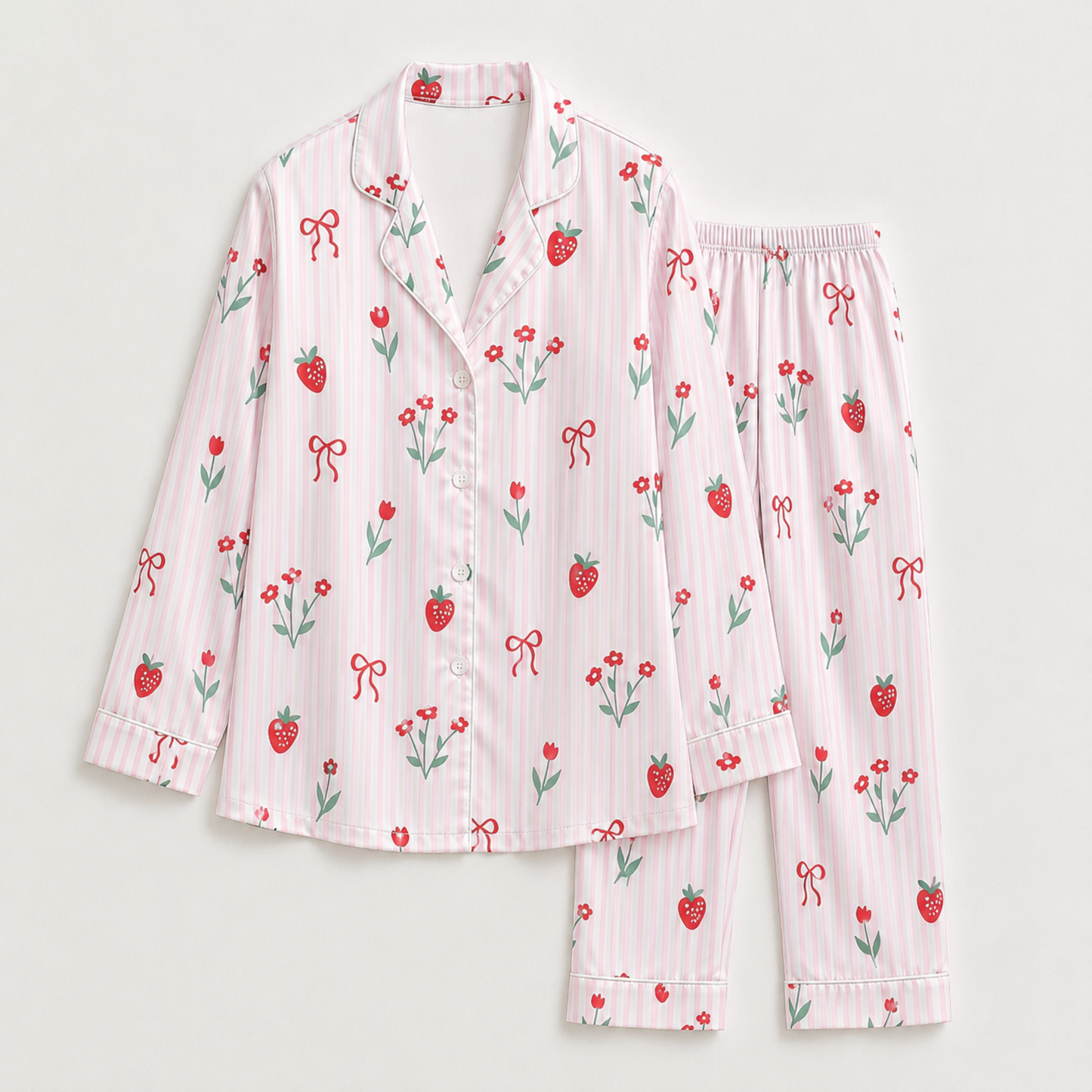 PJ-M087-Sweet Pastel Pink Striped Strawberry Floral Satin Sleepwear Button Front Aesthetic Match Pajama Set