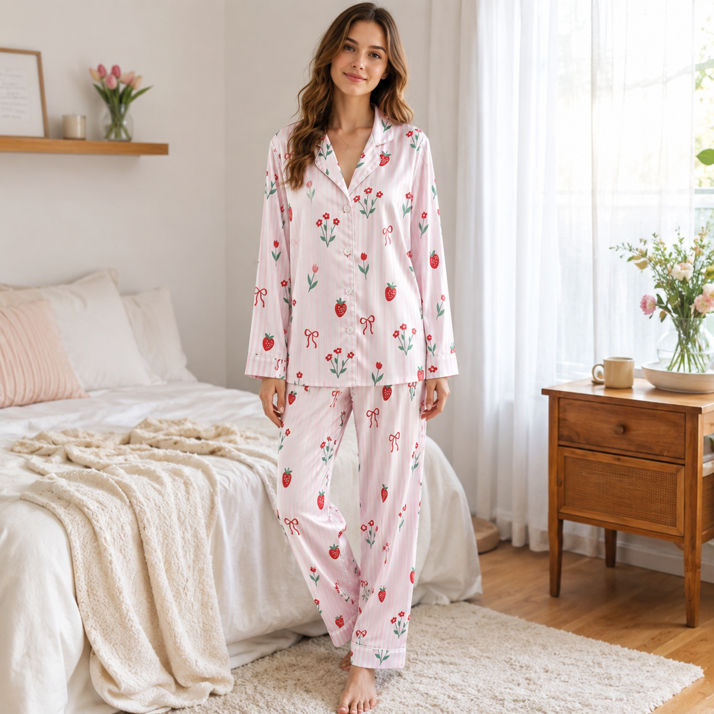 PJ-M087-Sweet Pastel Pink Striped Strawberry Floral Satin Sleepwear Button Front Aesthetic Match Pajama Set