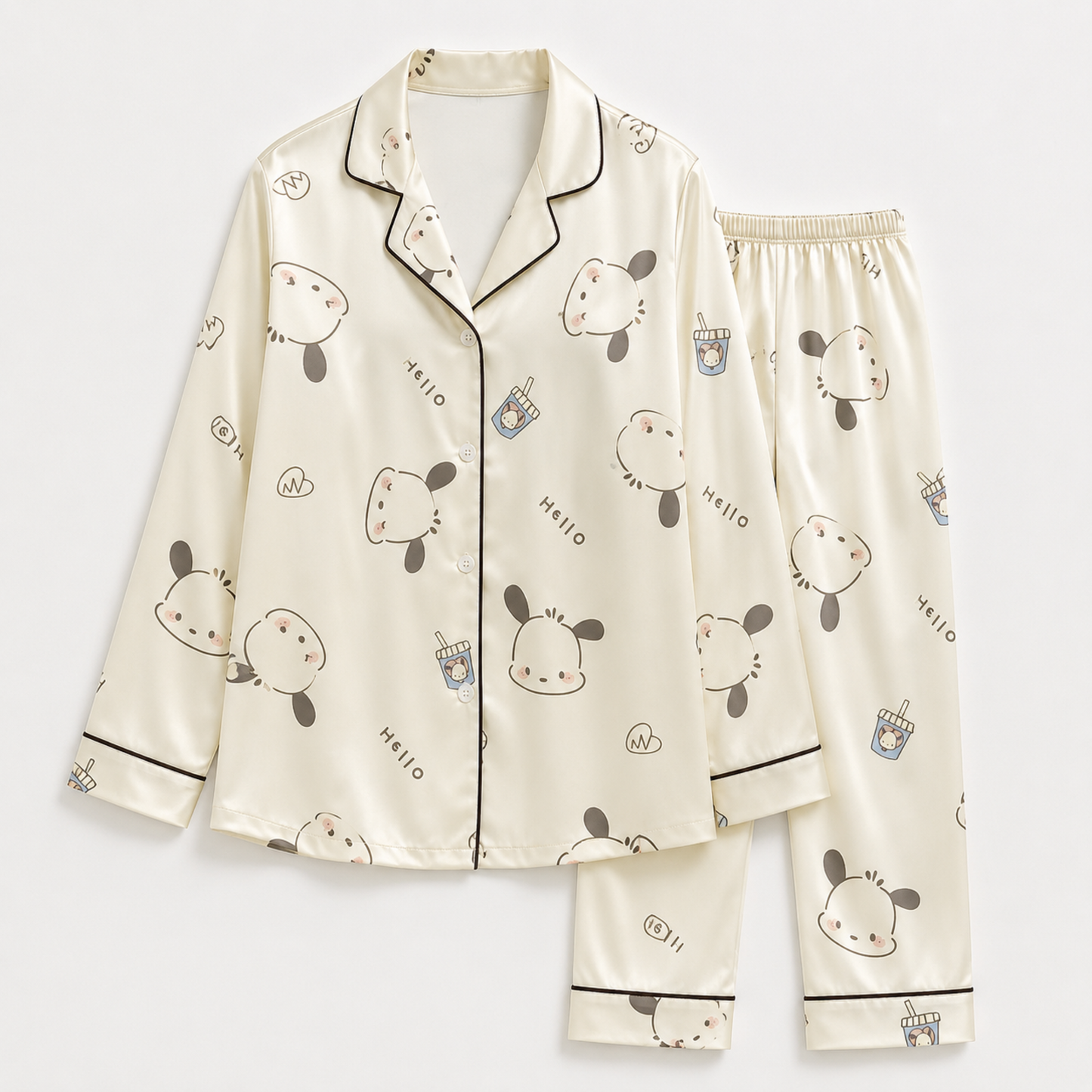 PJ-M089-Cream White Aesthetic Cartoon Puppy Pattern Satin Casual Women Sleepwear Match Pajama Set