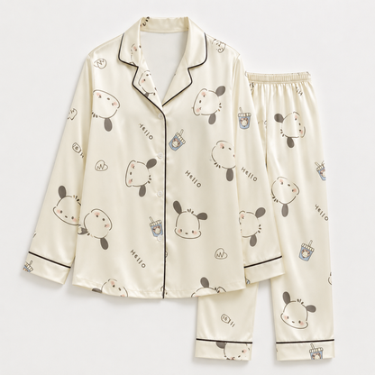 PJ-M089-Cream White Aesthetic Cartoon Puppy Pattern Satin Casual Women Sleepwear Match Pajama Set
