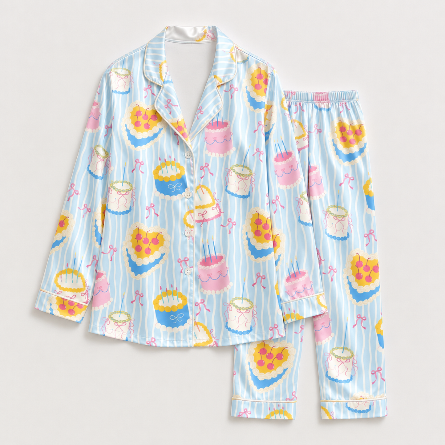 PJ-M107-Blue Satin Cake Pajama Apparel, Pink Stripe Pattern Short Sleeve Loungewear Sleepwear Collection Clothing