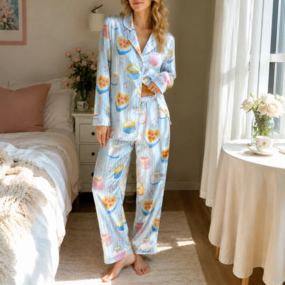 PJ-M107-Blue Satin Cake Pajama Apparel, Pink Stripe Pattern Short Sleeve Loungewear Sleepwear Collection Clothing