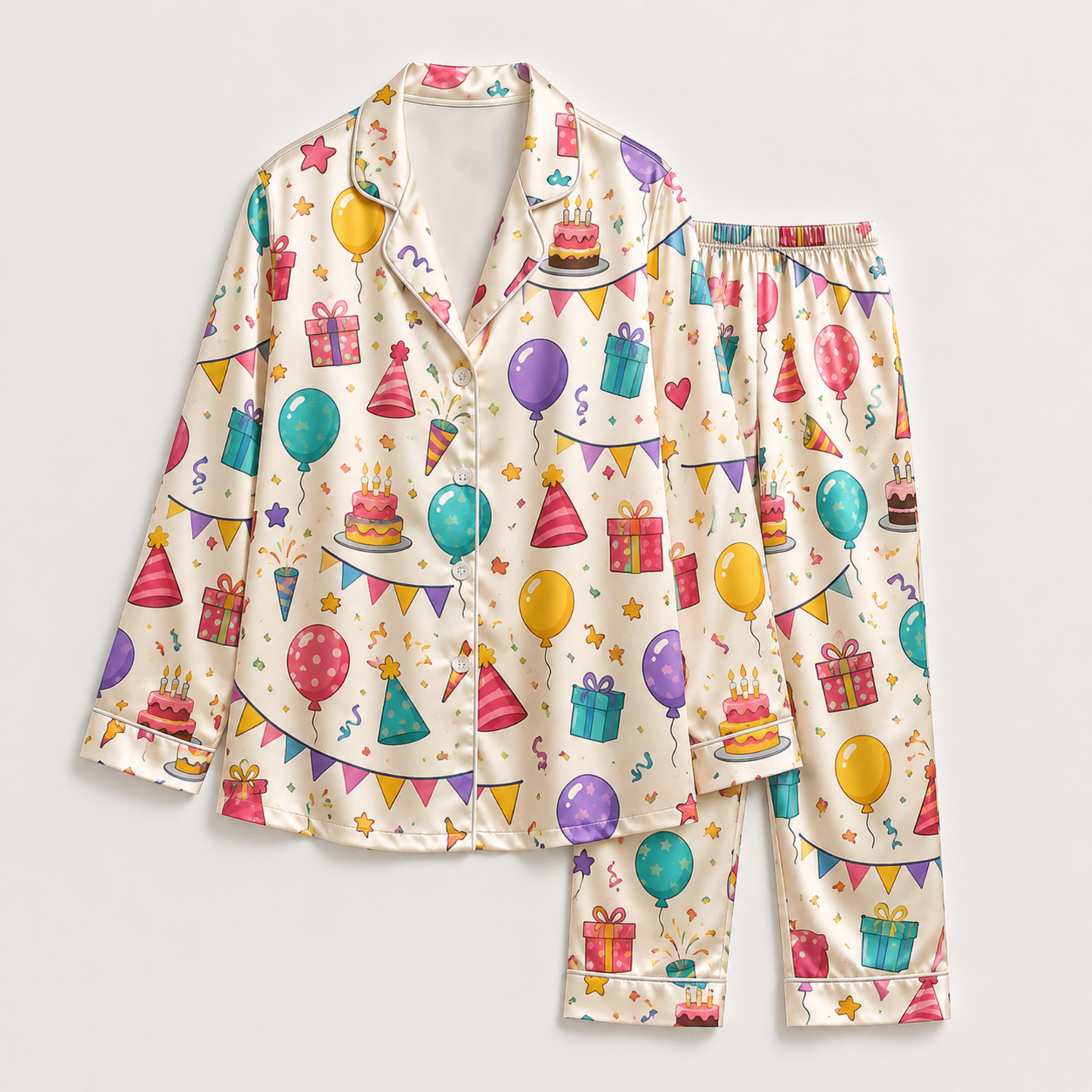 PJ-M108-Alabaster Silk Celebration Pajama Apparel, Cake Graphic Short Sleeve Loungewear Sleepwear Collection Raiment
