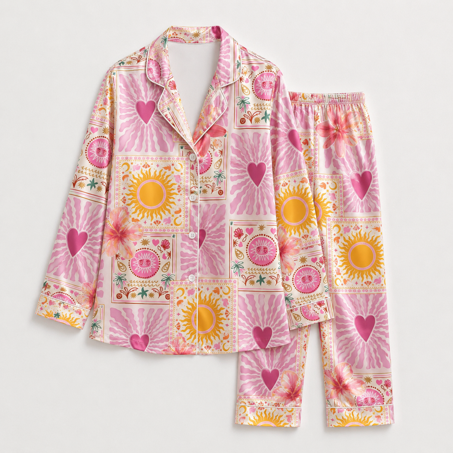 PJ-M109-Magenta Poly Hippie Pajama Apparel, Sweet Tropical Printed Short Sleeve Loungewear Sleepwear Collection Attire